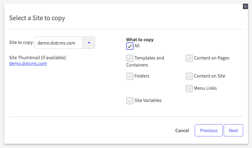 Dialog offering checkboxes to choose which objects to copy.