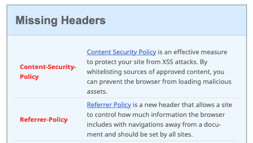 Security headers results.