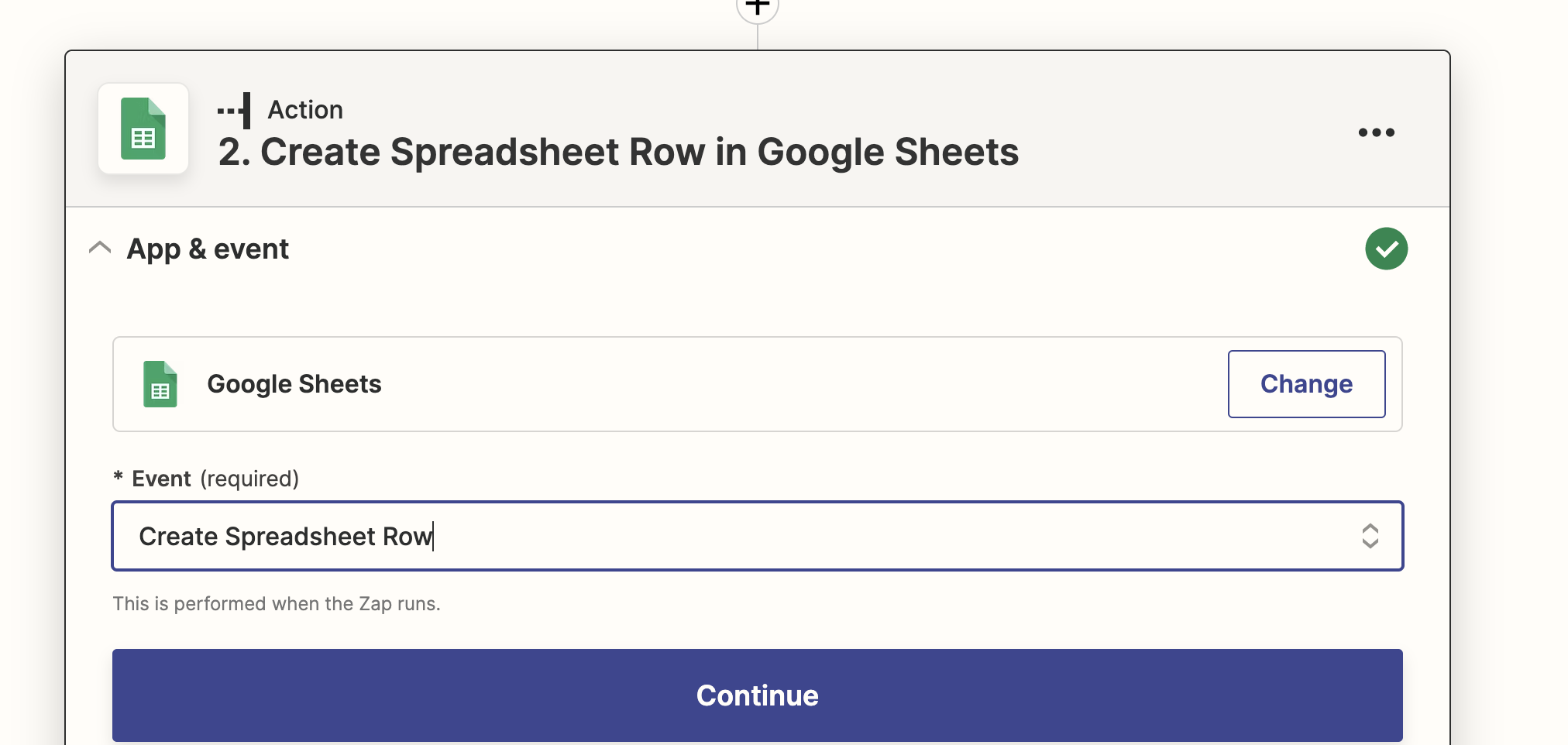 Selecting the Create Spreadsheet Row action in the zap.