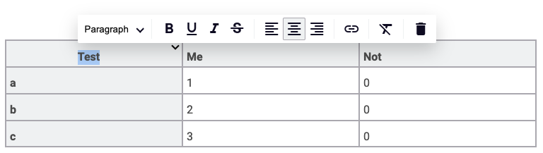 Aligning a table cell through the bubble menu.