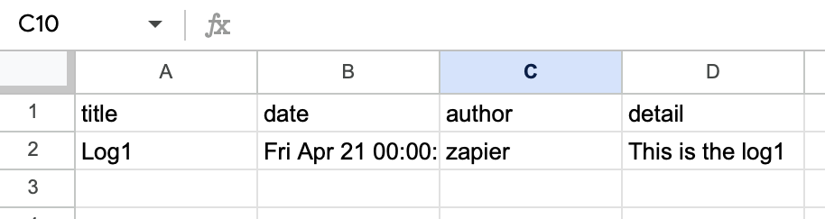 Newly populated row in spreadsheet from test.