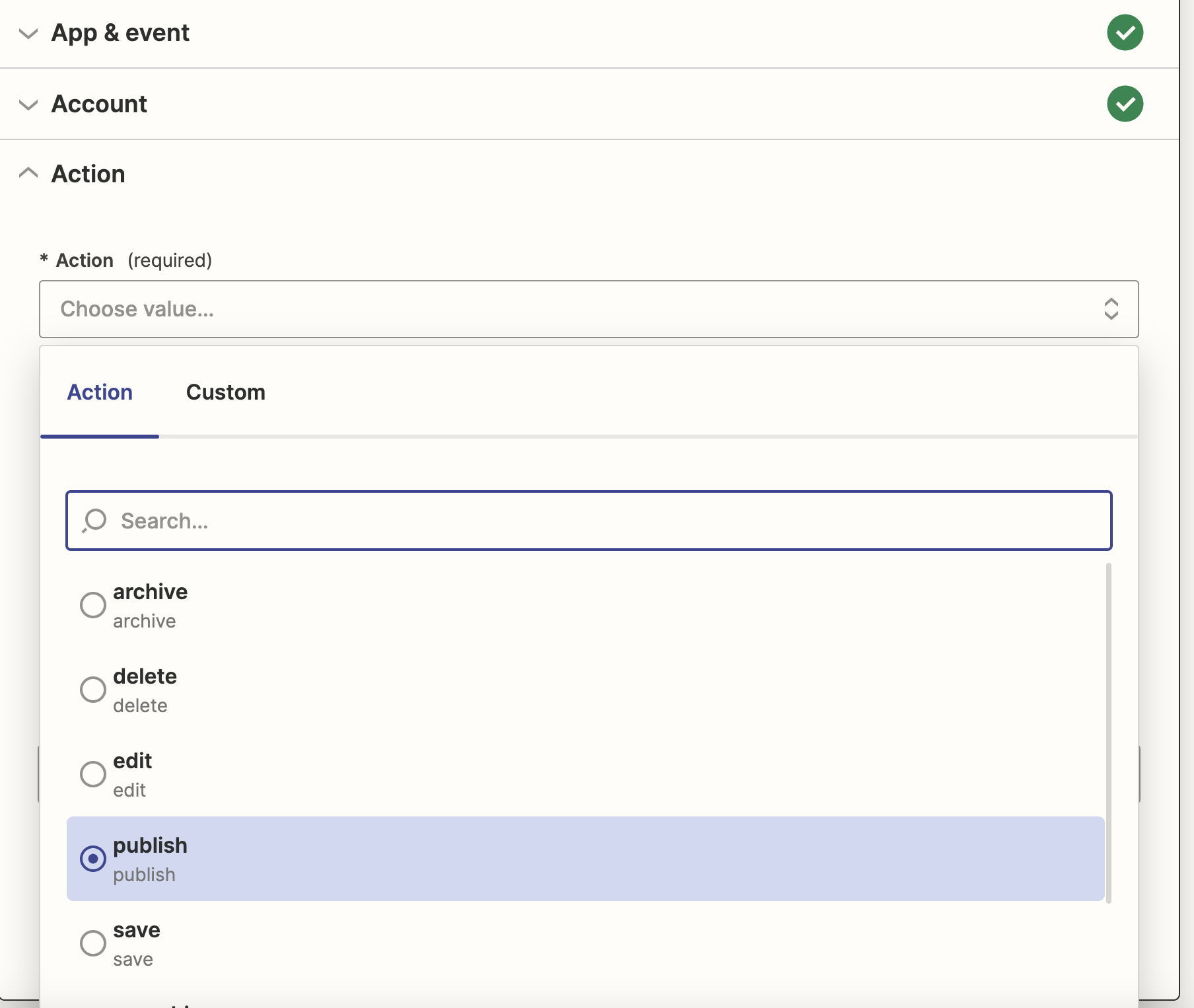Selecting the workflow action from Zapier's side.