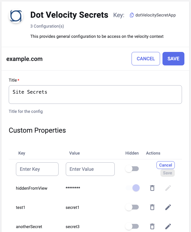 The Dot Velocity Secrets App, seen with example values such as key "test1" and value "secret1".